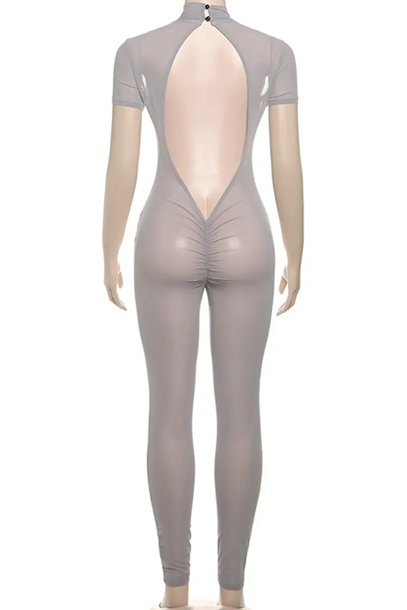 Hoochie Couture Grey See-Through Backless Skinny Jumpsuit – Confidence Meets Seduction Hoochie Couture Boutique