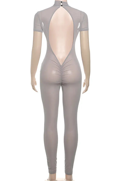 Hoochie Couture Grey See-Through Backless Skinny Jumpsuit – Confidence Meets Seduction Hoochie Couture Boutique