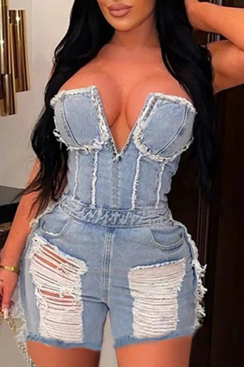 Hoochie Couture Backless Ripped Denim Jumpsuit Hoochie Couture Boutique