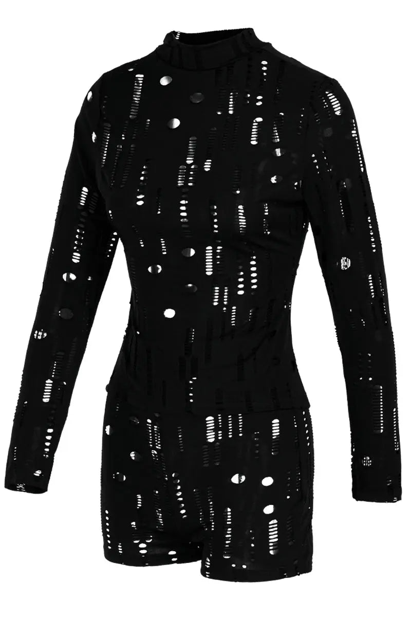 Hoochie Couture Black Ripped Turtleneck 2-Piece Set – Long Sleeve Crop Top & High-Waisted Leggings Hoochie Couture Boutique