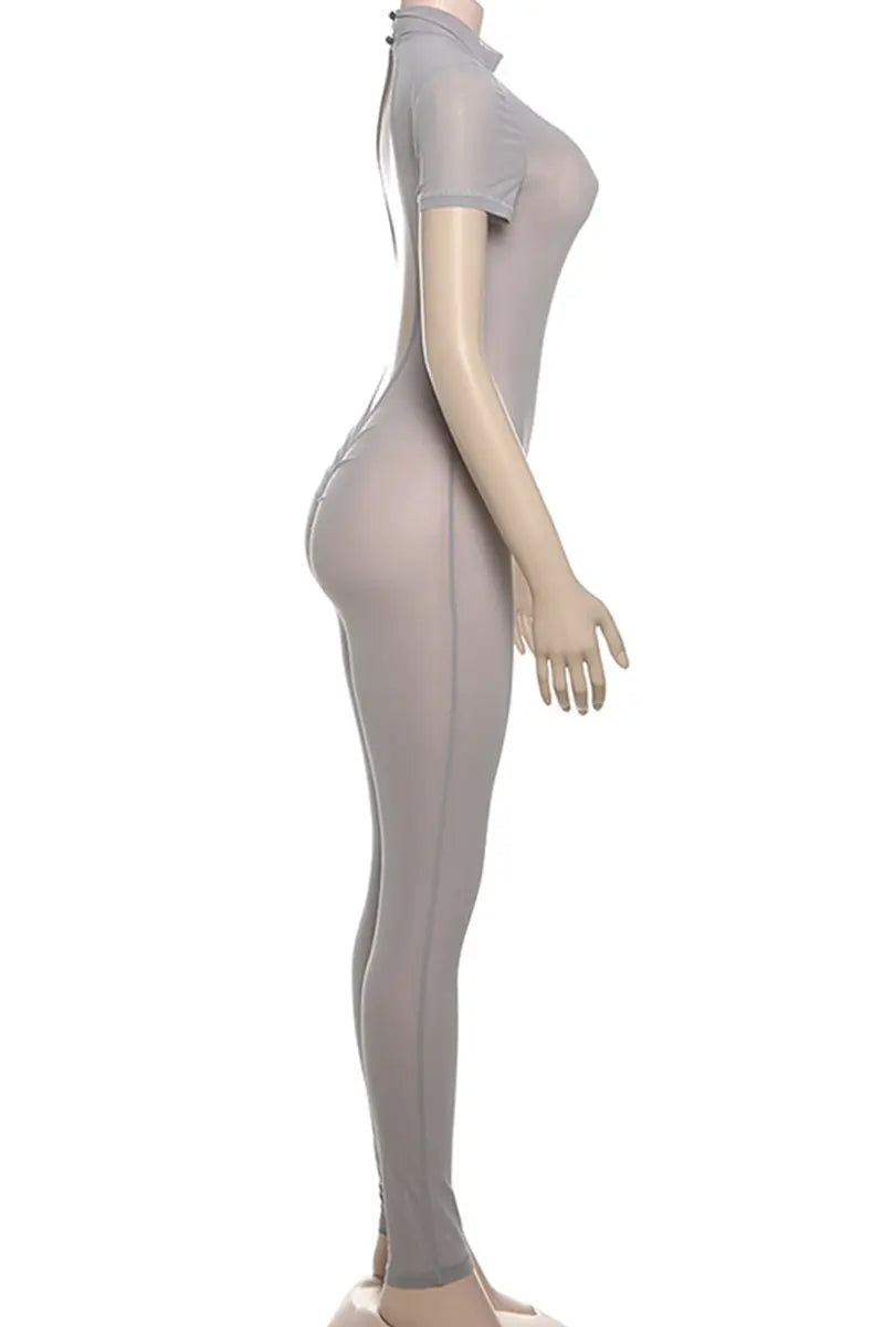 Hoochie Couture Grey See-Through Backless Skinny Jumpsuit – Confidence Meets Seduction Hoochie Couture Boutique