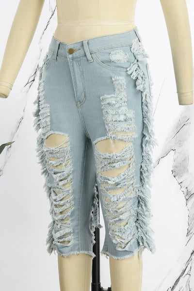 Hoochie Couture Light Blue Denim Shorts – Casual Mid-Waist Skinny Fit Hoochie Couture Boutique