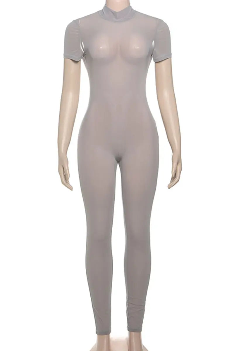 Hoochie Couture Grey See-Through Backless Skinny Jumpsuit – Confidence Meets Seduction Hoochie Couture Boutique