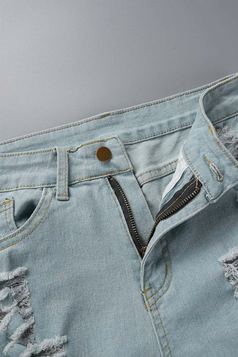Hoochie Couture Light Blue Denim Shorts – Casual Mid-Waist Skinny Fit Hoochie Couture Boutique