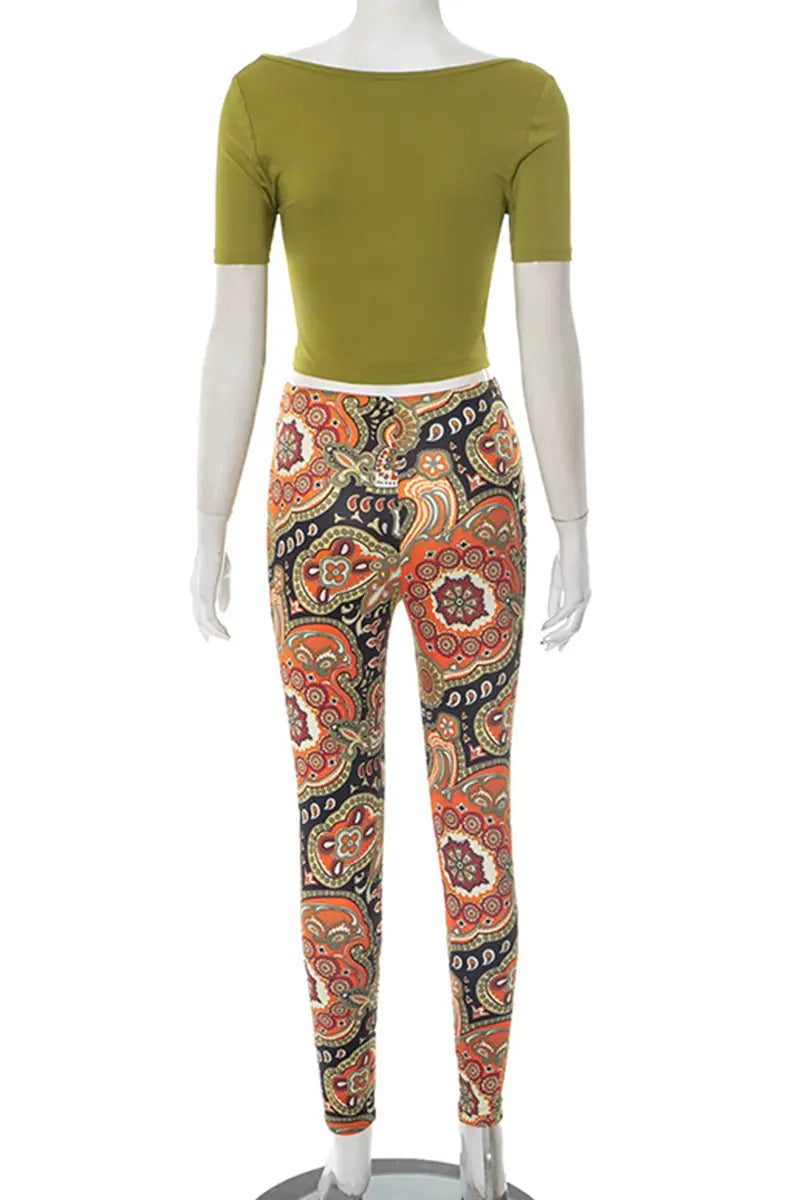 Hoochie Couture Green Print Two-Piece Set – O-Neck Tee & Stretch Shorts Hoochie Couture Boutique