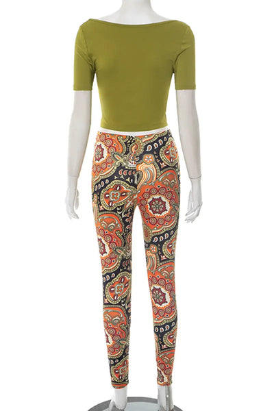 Hoochie Couture Green Print Two-Piece Set – O-Neck Tee & Stretch Shorts Hoochie Couture Boutique