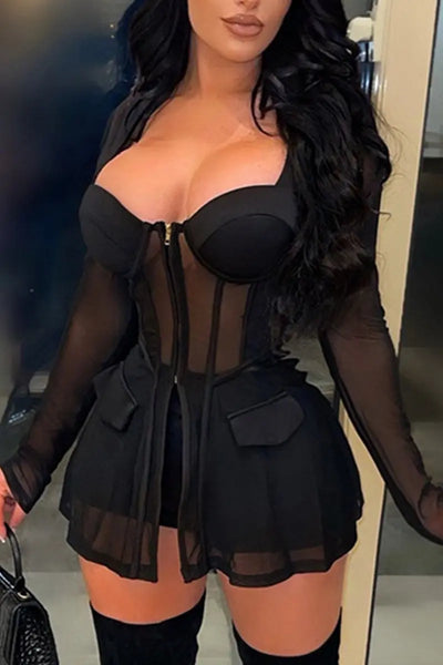 Hoochie Couture Mesh Square Collar Two-Piece Set Hoochie Couture Boutique