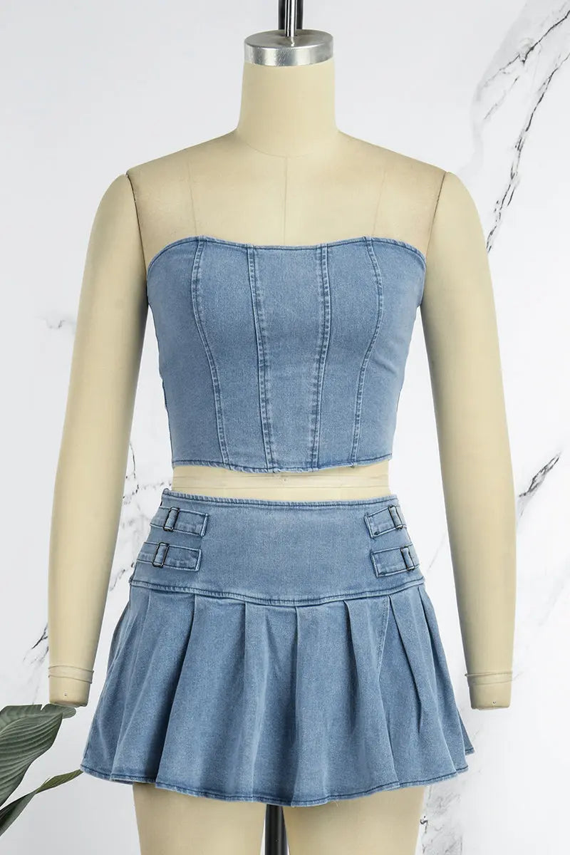 Hoochie Couture Cowboy Blue Strapless Folded Two-Piece Set – Denim Dreams & Summer Scenes Hoochie Couture Boutique