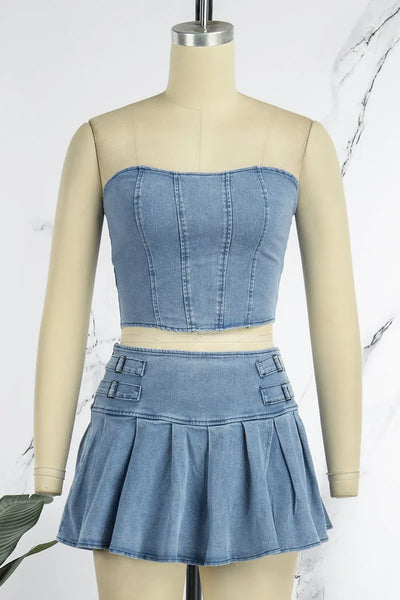 Hoochie Couture Cowboy Blue Strapless Folded Two-Piece Set – Denim Dreams & Summer Scenes Hoochie Couture Boutique