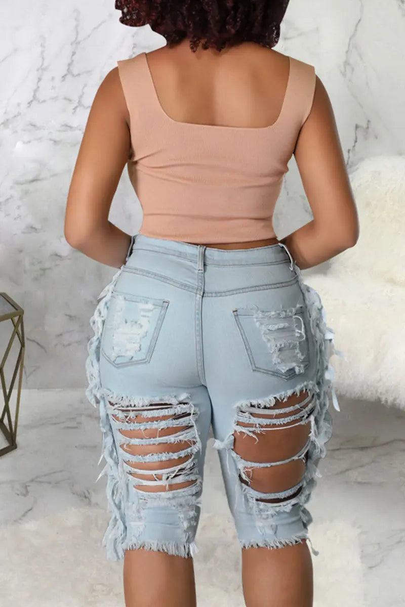 Hoochie Couture Light Blue Denim Shorts – Casual Mid-Waist Skinny Fit Hoochie Couture Boutique