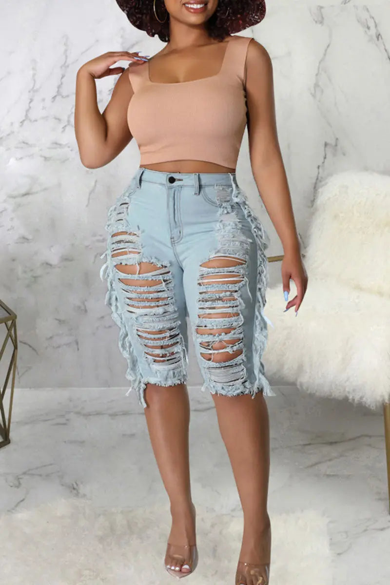 Hoochie Couture Light Blue Denim Shorts – Casual Mid-Waist Skinny Fit Hoochie Couture Boutique