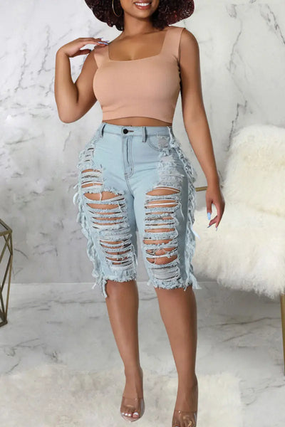 Hoochie Couture Light Blue Denim Shorts – Casual Mid-Waist Skinny Fit Hoochie Couture Boutique