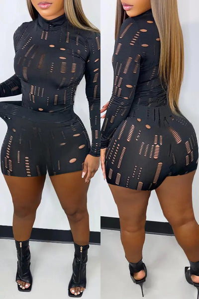Hoochie Couture Black Ripped Turtleneck 2-Piece Set – Long Sleeve Crop Top & High-Waisted Leggings Hoochie Couture Boutique