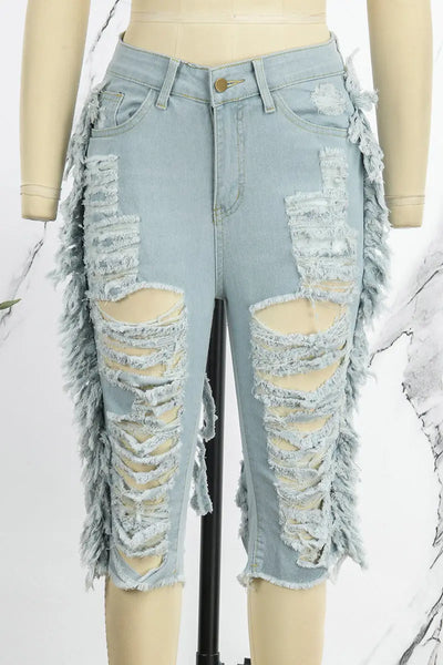 Hoochie Couture Light Blue Denim Shorts – Casual Mid-Waist Skinny Fit Hoochie Couture Boutique