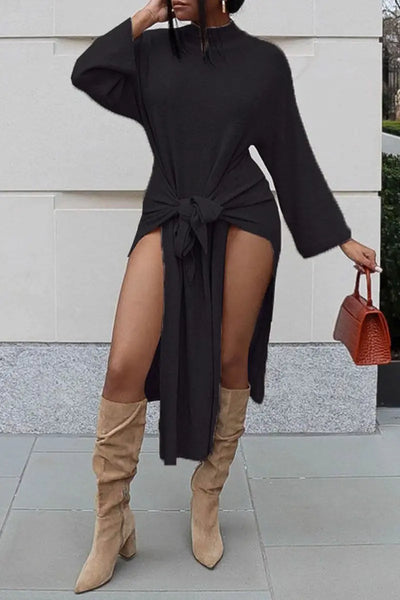Hoochie Couture Sky Blue Slit Midi Dress – Half Turtleneck Long Sleeve Elegance Hoochie Couture Boutique