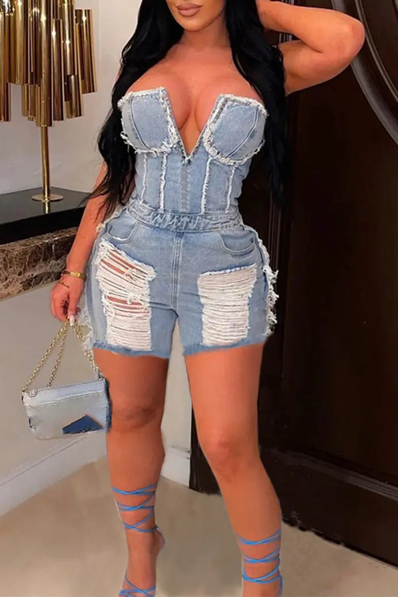Hoochie Couture Backless Ripped Denim Jumpsuit Hoochie Couture Boutique