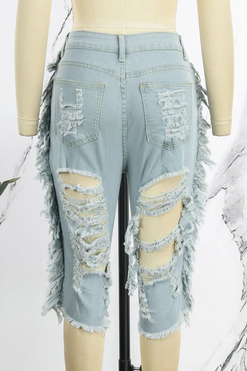 Hoochie Couture Light Blue Denim Shorts – Casual Mid-Waist Skinny Fit Hoochie Couture Boutique