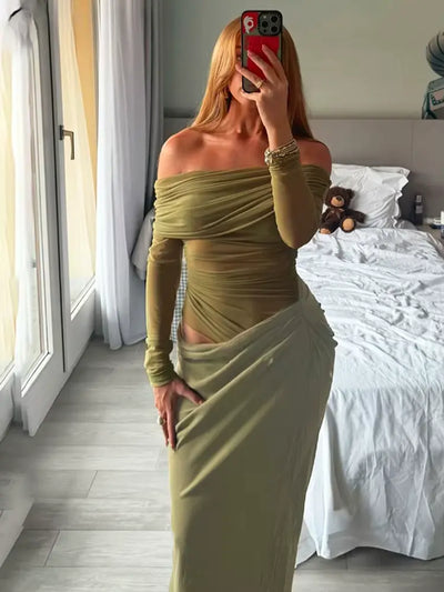 Hoochie Couture Mesh Ruched Maxi Dress – elegant and sexy women’s dress featuring sheer mesh fabric, flattering ruched detailing, and a curve-hugging maxi silhouette, perfect for evening parties, date nights, or upscale clubwear fashion.