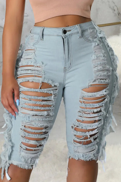 Hoochie Couture Light Blue Denim Shorts – Casual Mid-Waist Skinny Fit Hoochie Couture Boutique
