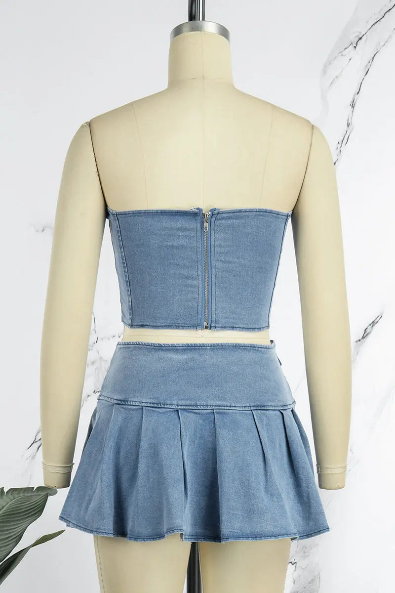Hoochie Couture Cowboy Blue Strapless Folded Two-Piece Set – Denim Dreams & Summer Scenes Hoochie Couture Boutique