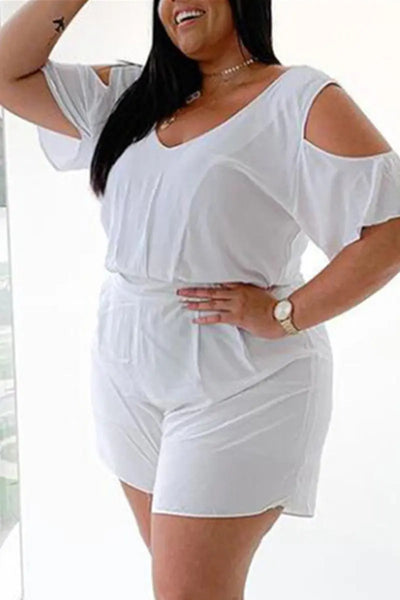 Hoochie Couture White V-Neck Plus Size Romper – Effortless Everyday Slay Hoochie Couture Boutique