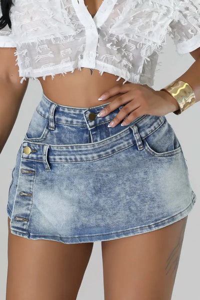 Hoochie Couture Street Patch Denim Shorts – Mid-Waist Classic Cut Hoochie Couture Boutique
