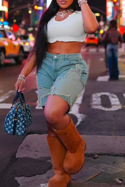 Hoochie Couture Patchwork Denim Shorts – Light Blue Mid-Waist Straight Cut Hoochie Couture Boutique