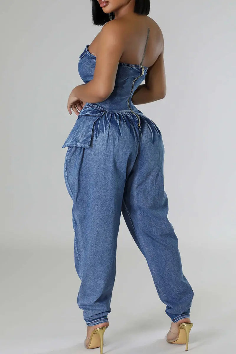 Hoochie Couture Deep Blue Denim Tube Jumpsuit – Backless, Strapless Hoochie Couture Boutique