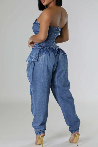 Hoochie Couture Deep Blue Denim Tube Jumpsuit – Backless, Strapless Hoochie Couture Boutique