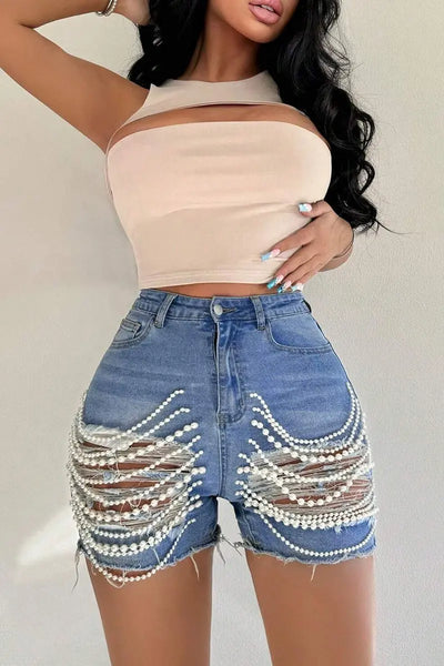Hoochie Couture Pearl-Patch Denim Shorts – Mid-Waist Ripped Skinny Fit My Store