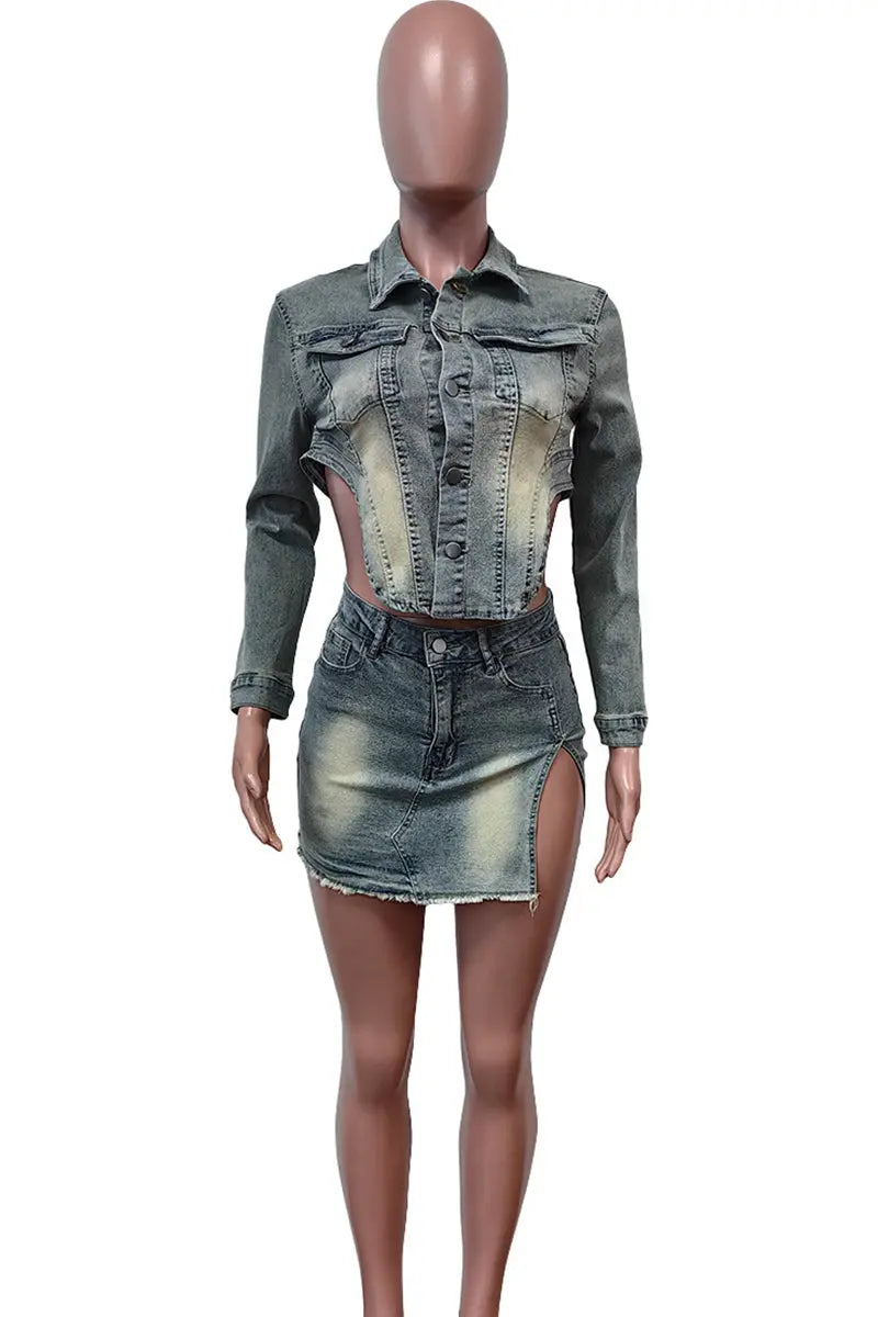 Hoochie Couture Sky Blue Buckle Babe Set – Long Sleeve Denim Crop & Pocket Shorts Hoochie Couture Boutique