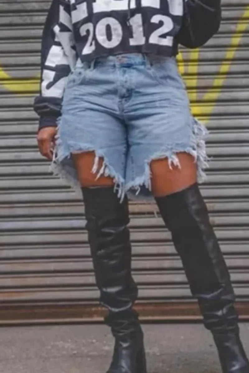 Hoochie Couture Irregular Fringed Denim Shorts – Mid-Waist, Loose Fit, Street Chic Hoochie Couture Boutique