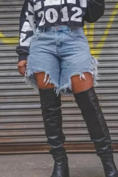 Hoochie Couture Irregular Fringed Denim Shorts – Mid-Waist, Loose Fit, Street Chic Hoochie Couture Boutique