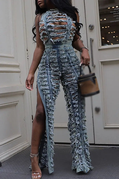 Hoochie Couture Ripped Slit Two-Piece Set – Sleeveless O-Neck Crop Top & Skirt Hoochie Couture Boutique