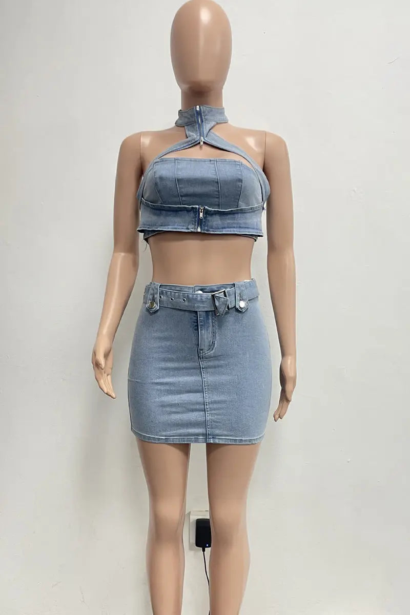 Hoochie Couture Hollowed Out Denim Set – Sleeveless O-Neck Crop Top & Shorts Hoochie Couture Boutique