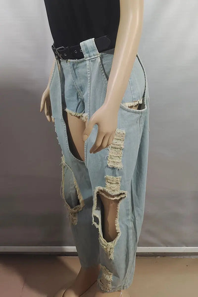 Hoochie Couture Ripped Mid-Waist Loose Jeans – Blue Denim Chaps Hoochie Couture Boutique