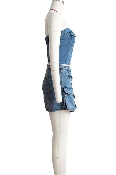 Hoochie Couture Strapless Denim Tube Set – Patchwork Crop Top & Shorts Streetwear Hoochie Couture Boutique