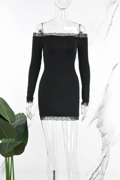 Hoochie Couture Off-Shoulder Lace Patchwork Bodycon Dress – Wrapped in Sultry Elegance Hoochie Couture Boutique