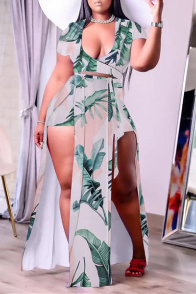 Hoochie Couture Printed V-Neck Slit Lounge Set – Plus Size Two-Piece Set Hoochie Couture Boutique