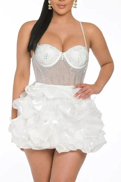 Hoochie Couture White Rhinestone Strap Dress – Sweet, Sparkly, & Statement-Making Hoochie Couture Boutique