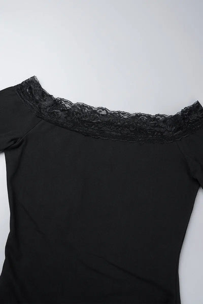 Hoochie Couture Off-Shoulder Lace Patchwork Bodycon Dress – Wrapped in Sultry Elegance Hoochie Couture Boutique