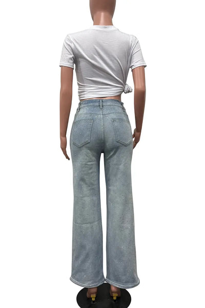 Hoochie Couture Blue Hot Drill Patchwork Jeans – Loose Fit Mid-Waist Bling Denim Hoochie Couture Boutique