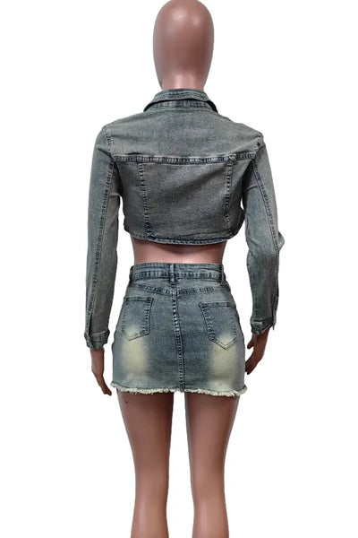 Hoochie Couture Sky Blue Buckle Babe Set – Long Sleeve Denim Crop & Pocket Shorts Hoochie Couture Boutique
