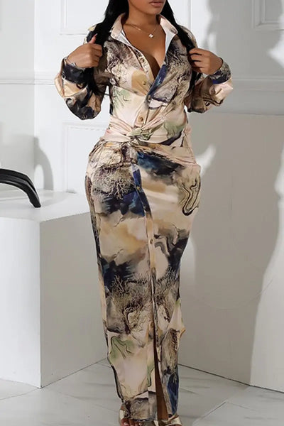 Hoochie Couture Print Buckle Shirt Dress – Black & Apricot Turndown Collar Maxi Elegance Hoochie Couture Boutique