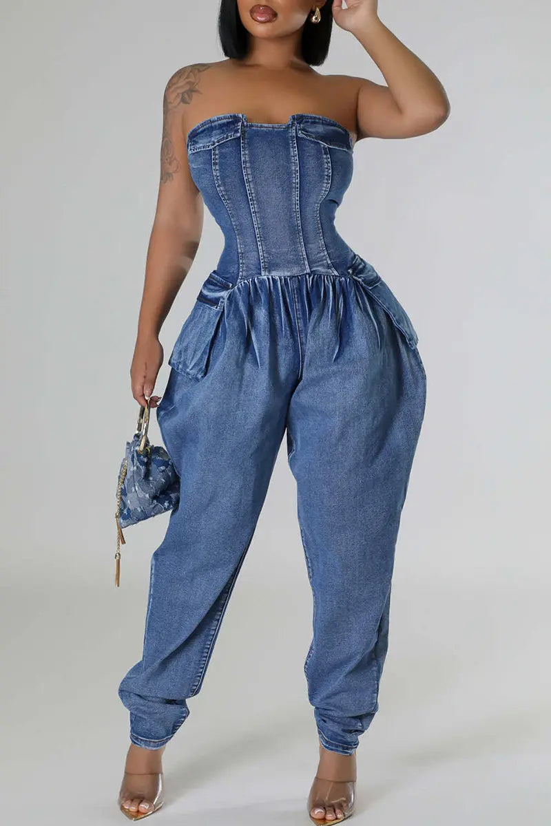Hoochie Couture Deep Blue Denim Tube Jumpsuit – Backless, Strapless Hoochie Couture Boutique