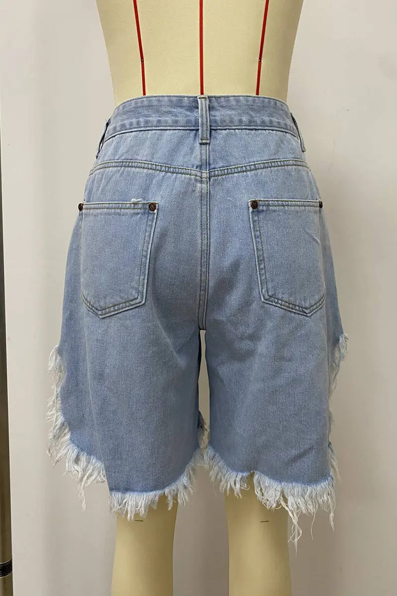 Hoochie Couture Irregular Fringed Denim Shorts – Mid-Waist, Loose Fit, Street Chic Hoochie Couture Boutique