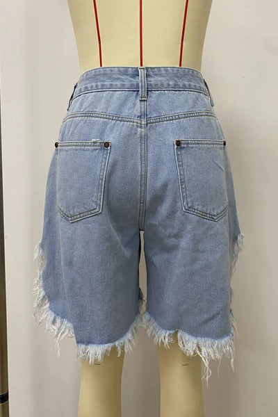 Hoochie Couture Irregular Fringed Denim Shorts – Mid-Waist, Loose Fit, Street Chic Hoochie Couture Boutique