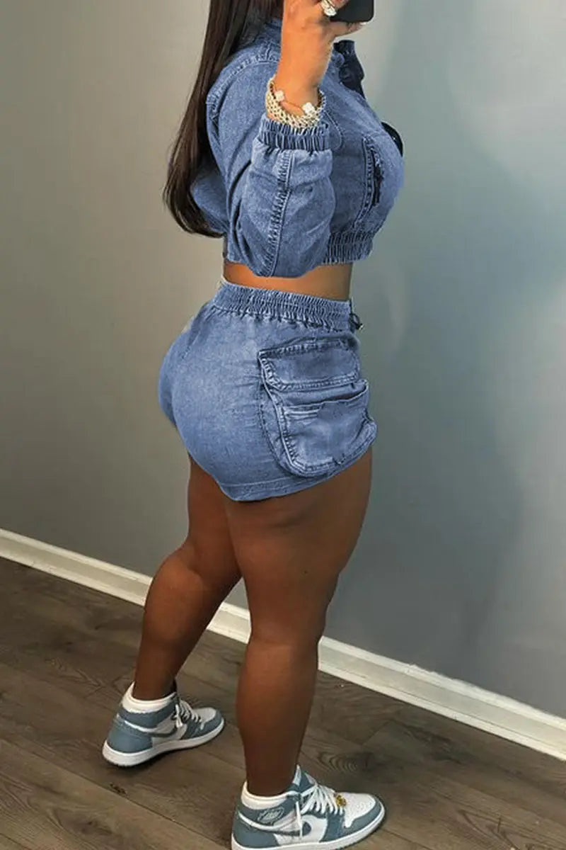 Hoochie Couture Vintage Denim 2-Piece Set – Patchwork Cropped Jacket & Cargo Shorts Hoochie Couture Boutique