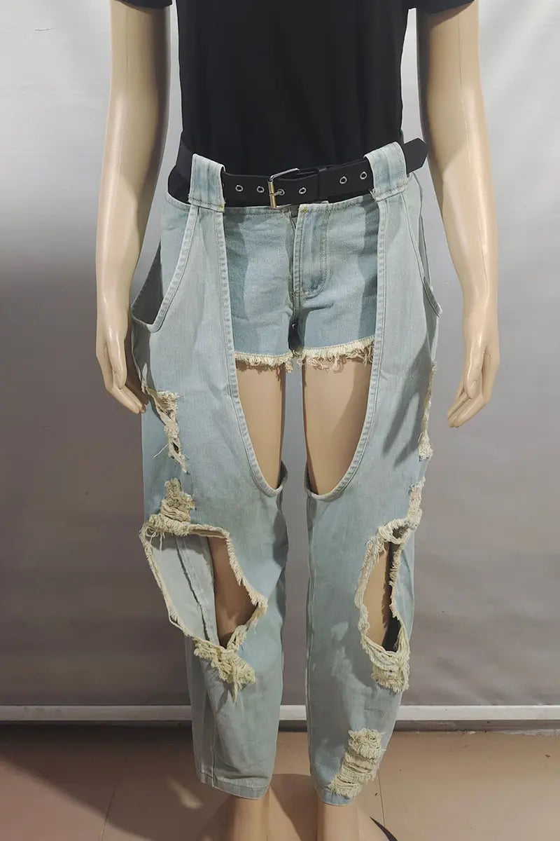 Hoochie Couture Ripped Mid-Waist Loose Jeans – Blue Denim Chaps Hoochie Couture Boutique