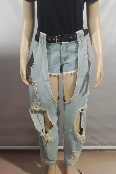 Hoochie Couture Ripped Mid-Waist Loose Jeans – Blue Denim Chaps Hoochie Couture Boutique